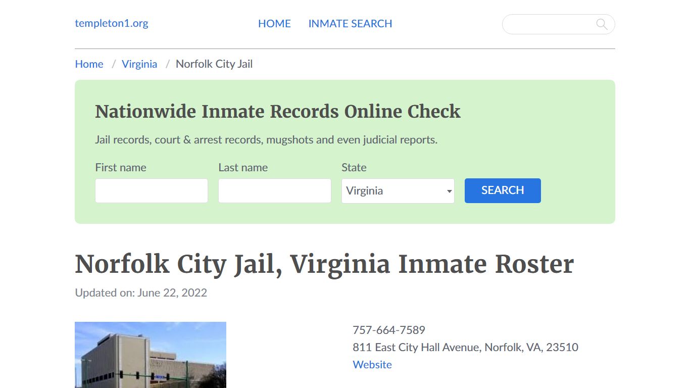 Norfolk City Jail, Virginia Inmate Booking